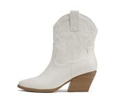 Soda “BLAZING” ~ Women Western Stitched Pointe Toe Low Heel High Top Ankle Shaft Boot Bootie, White/Nude, 7