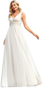 Ever-Pretty Abito da Sposa da Donna Scollo a V Linea ad A Stile Impero Tulle Senza Maniche Semplice Bianco 44