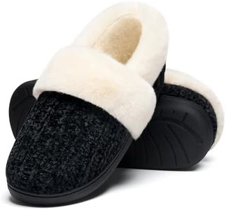 Evshine Women's Fuzzy Memory Foam Slippers, Closed Back Knit Bedroom Slippers, Slip-On Warm House Shoes for Indoor & Outdoor Comfort, Black/White, 39-40 (Size 8)