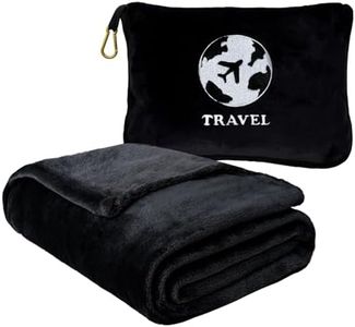 Bnuitland Travel Blanket and Pillow 2 in 1, Soft Flannel Airplane Blanket in Bag Compact-Long Flight Essential for Adults and Kids, Portable Luggage Sleeve and Backpack Clip, 65×40 inch Black