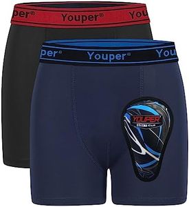 Youper Boys Compression Brief with Soft Protective Athletic Cup, Youth Underwear for Baseball, Football, Hockey, Lacrosse (Black & Navy, Large)