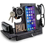 Wood Phone Docking Station Personalized Gifts for Men Phone Holder Wallet and Key Organizer Nightstand Charger Station Key Stand Presents for Dad Christmas