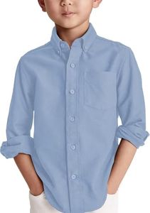 Boys' Long Sleeve Dress Shirts Classic Collared Button-Down Tshirt Solid Cotton Top with Chest Pocket White