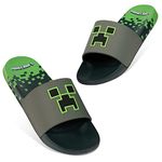 Minecraft Boys Sliders or Flip Flops for Beach and Pool - Boys Gifts (Grey/Green Sliders, 2-2.5 UK)