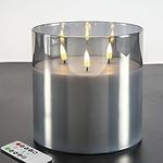 Eywamage 3 Wick Large Flameless Candles in Silver Grey Glass, Flickering LED Battery Pillar Candle with Remote Φ 6" H 6"