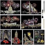 SELPONT & Adult, Rainbow Engraving Painting Landscape Scratchboard(A4) Crafts Set: 8 Sheets 4 tools - Congress Building, Burj Al Arab, Eiffel Tower, Big Ben, Moscow(Fireworks / Building)