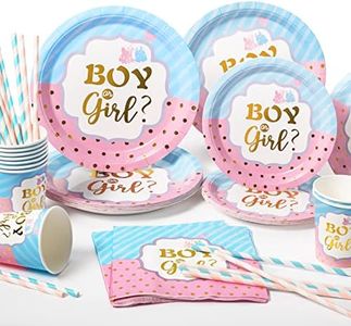 Yidaxing Gender Reveal Party Piatti, 120PCS Baby Shower Piatti, Gender Reveal Supplies con Stoviglie, Cannuccia, Bicchieri di Carta, Tovaglioli di Carta(24 Ospiti)