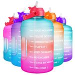 QuiFit 1 Gallon Water Bottle - with Straw & Motivational Time Marker Leak-Proof BPA Free Reusable Gym Sports Outdoor Large(128OZ) Capacity Water Jug(Green/Pink Gradient,1 Gallon)