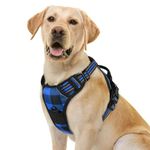 rabbitgoo Dog Harness No Pull, Adjustable Dog Walking Chest Harness with 2 Leash Clips, Comfort Padded Pet Vest Harness with Easy Handle, Reflective Front Body Harness for Large Dogs, Blue Plaid, L