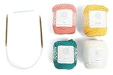 mindfulknits Beginner’s Knitting Kit with Knitting Needles, Yarn Needle & 100% Cotton Knitting Yarn (4) – Make Washcloths - Tropical Beginners Basic Knitting Supplies Set for Relaxation & Stress Relief