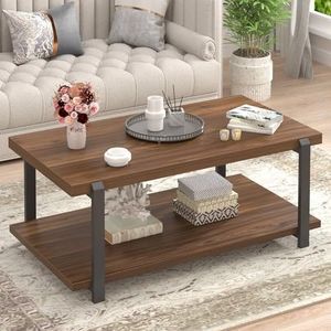 FOLUBAN Modern Coffee Table with Storage Shelf, Rustic Wood Center Table for Living Room, Walnut