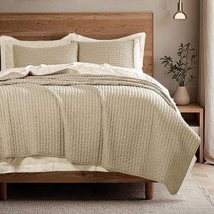 COOLXTRA Lightweight Quilted Bedspread Quilt Set, Pre-Washed Brushed Microfiber, Handmade-Look Stitching, All-Season Decorative Coverlet with 2 Pillow Shams, Oversized King, Camel