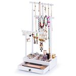 Love-KANKEI Necklace Holder Jewelry Tree Stand Adjustale Height with Large Storage for Necklaces Bracelets Earring Rings Drawer Jewelry Organizer Jewelry Display White