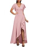 MIUSOL Women's Elegant V-Neck Ruffle Short Flutter Sleeves Empire Waist Split Evening Party Long Dress (Large, Pink)
