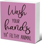 Funny Bathroom Wood Block Signs,Wash Your Hands YA' Filthy Animal Wooden Box Sign for Bathroom Shelf Toilet Restroom Home Tabletop Desk Decor,Rustic Bathroom Sign Decor Purple