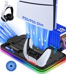 PS5 Slim Stand Cooling Station for Playstation 5 Slim Console Disc/Digital,PS5 Accessories Cooling Stand with 3-Level Cooler Fan,Dual PS5 Controller Charger,RGB Light,Headset Holder,15 Game Slot-Black