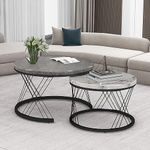 ModernLuxe 2-in-1 Coffee Table, Round Nest of Tables, Multi-functional Side Table with Black Metal Frame Legs and Marble Pattern Top, Nesting Tables for Living Room Bedroom Office, White and Grey