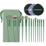 Make Up Brushes, 13 Pcs Green Combination Soft Synthetic Bristles Makeup Brush Set With Flannel Bag & Puffs, Makeup Brushes Gift Set For Foundation Powder Blush Concealers Eyeshadow Highlighter