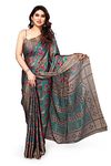 MIRCHI FASHION Women's Plain Weave Chiffon Leaf Printed Saree with Blouse Piece (38671-Teal, Rust)