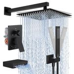 KES Shower System 12 Inch Rainfall Shower Head with Handheld Shower Faucets Sets Complete with Tub Spout, Pressure Balance Valve Matte Black, XB6305S12-BK