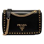Prada Blue Black Glace Leather Studded Trim Crossbody Handbag 1BD147, Black, Medium