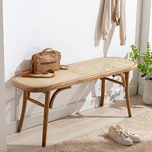 DM Furniture Farmhouse Wood Bench Seat Small Rattan Cane Bench Wicker Bench for End of Bed Living Room Entryway Foyer Indoor, Weave Bench