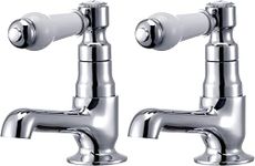 Hapilife Basin Pillar Taps Pair Mixers Victorian Traditional Twin Bathroom Sink Taps White Ceramic Lever Chrome 2 Holes Mono Hot and Cold Water G1/2’’