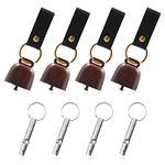 4Pcs Loud Bear Bells with Whistles and PU Leather Keychains, Bear Bells for Hiking and Loud Hiking Whistles, Cow Bells, Dog Bells, Safety Whistle for Camping Hiking Outdoor (Copper)