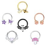Drperfect 6PCS Septum Jewelry 316L Stainless Steel Septum Ring Horseshoe Daith Earring Hoop 16G Nose Ring Hoop Cute Butterfly Bee Cartilage Tragus Rook Helix Septum Piercing Jewelry for Women