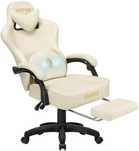 HOFFREE Gaming Chair with Massage Lumbar Support Leather High Back Ergonomic Computer Gaming Chair Adjustable Swivel Game Chair with Footrest Lvory