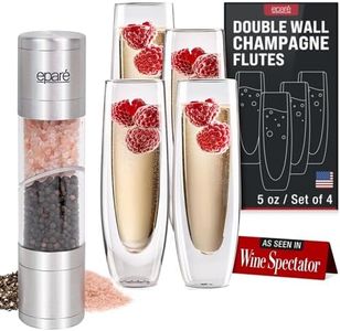 Eparé Bundle: 2 in 1 Salt and Pepper Grinder Combo & Stemless Champagne Flutes Glass Set of 4 - Manual Dual Salt and Pepper Grinder in One for Kitchen Use & Lightweight Glass Stemless Flutes