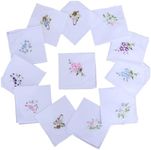 Handkerchiefs for Women 12PCS Pocket Square 11x11inch Cotton Flower Embroidered Handkerchief with Lace White Hankies for Women Tea Favors, Random Type