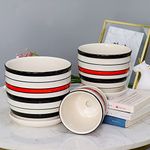 Garden Art Imported Ceramic Flower Pot Set of 3 (A-11.2 CM, B-14.5 CM, C-17.5 CM Dia) Indoor Planter with Drainage Hole and Saucer, White with Red & Black Stripe GA18122