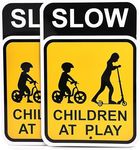 Bigtime Slow Children at Play Sign for Street Set of 2 - Waterproof Metal Signs for Outdoor Safety and Decor- Traffic Warning Side Walk Poster - Place At Garden, Yard, school, or Playground