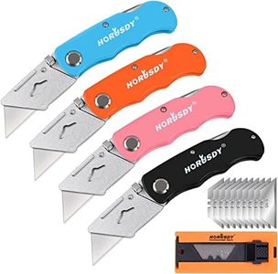 HORUSDY 4-Pack Folding Utility Knife Set, Quick Change Foldable Box Cutter for Cartons, Cardboard and Boxes, Back-lock Mechanism with 10 Spare Blades and Storage Bag