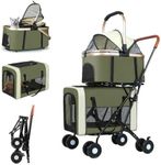 3 in 1 Folding Dog Stroller, 4 Wheels for Small/Medium Dogs, Cat Stroller w/Removable Travel Carrier for Small/Medium/Large Pet, Waterproof Pad, Car Seat, Sun Shade (Green)