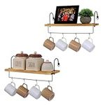 BELLE VOUS Wooden Kitchen Shelves (2 Pack) - Wall Mounted Kitchen Shelves with Rail & Hooks - Wall Storage Coffee Bar Shelf - Decorative Kitchen Shelf