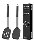 2 Pcs Silicone Spatulas Turners, Solid and Slotted Spatula Set, Non-Stick BPA Free High Heat Resistant Handy Kitchen Utensils for Cooking, Grill, Flipping Eggs, Fish, Pancake（Black）