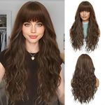 OUFEI Long Brown Highlights Wig With Bangs Natural Wavy Wigs for Women Natural Synthetic Hair Heat Resistant Wigs for Daily Party Cosplay Wear