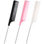 JANYUN 3 Pcs Rat Tail Combs Salon Hairdressing Comb with Stainless Steel Handle, Fine Tooth Combs for Women, Barber (Black White Pink)