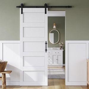 SmartStandard 30in x 84in Sliding Barn Door with 5FT Barn Door Hardware Track Kit & Handle, Waterproof PVC Surface, Pre-Drilled Holes Easy to Assemble, Solid, MDF, White, 5-Panel