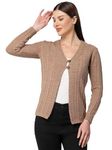 Kalt Women Cardigan Sweater for Winter Woolen Acrylic Full Sleeves V-Neck Cable Design Cardigan Sweater for Women Winter Stylish(Light Brown;Large)