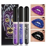 3 PCS Matte Glitter Liquid Lipstick Set,Shimmer Diamond Glitter Lip Gloss Set,Moisturizing Long Lasting Glitter Sparkly Lip Stick Stain Kit for Halloween Gothic Cosplay Makeup Gift Kit