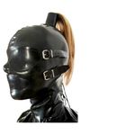 Latex Hood with Eye Patch and Mouth Plug, Sex Face Mask with Zipper and Plait, for BDSM, Party, Cosplay, Holiday (L)