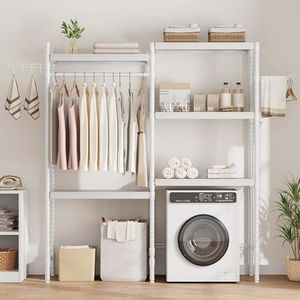 BouPower Clothes Drying Rack, over the Washer and Dryer Storage Shelf, 5-Tier Laundry Room Storage Shelf, Bathroom Towel Rack with Adjustable Shelves and Hooks for Home Decor