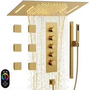 GRANDJOY Thermostatic Shower System with 6 Body Jets, 23" x 15" Ceiling Waterfall Faucet Set with Handheld Sprayer & 64 Led Light, Brushed Gold