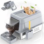 EPN Stainless Steel Cat Litter Box with Lip, XXL Extra Large Enclosed Removable Metal Litter Box for Big Cats, High Sided Enclosure, Scoop & Footboard, Leak-Proof, Odorless, Easy to Clean（Light Grey