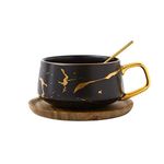 Eplze YBK Tech Porcelain Tea Cup Coffee Mug Set for Afternoon Tea - Marble Pattern (Black, Short 300ml + Wood Saucer)