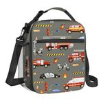 Clastyle Grey Fire Engine Insulated Lunch Bag for Kids, Portable Large Thermal Cooler Lunch Bag for Boys, School Lunch Box Bag with Bottle Holder