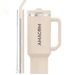 Amacom Insulated Stainless Steel Tumbler with Lid and Straw | 100% Leak Proof Water, Juice, Coffee Sipper with Lid for Office, Gym, Travel | 1.2 Litre Mug with Handle for Adults & Kids (Beige)